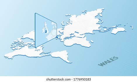 World Map in isometric style with detailed map of Wales. Light blue Wales map with abstract World Map. Vector illustration.