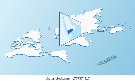 World Map in isometric style with detailed map of Yemen. Light blue Yemen map with abstract World Map. Vector illustration.