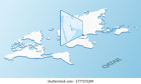 World Map in isometric style with detailed map of Qatar. Light blue Qatar map with abstract World Map. Vector illustration.