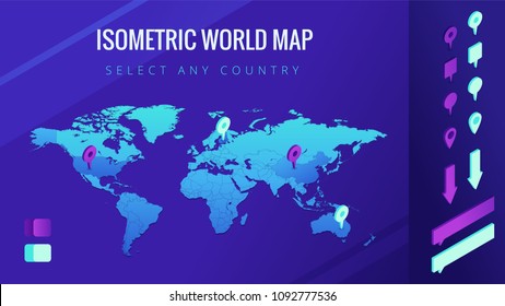 World map isometric vector illustration. The world map with pins, arrows and bubbles. Country select and allocation concept. Design for infographic template. 3d illustration on ultraviolet background.