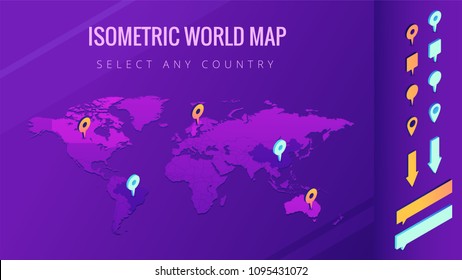 World map isometric vector illustration. The world map with pins, arrows and bubbles. Country select and allocation concept. Design for infographic template. 3d illustration on ultraviolet background.