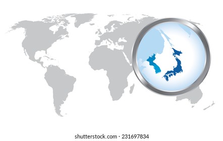 World map with Japan, Korea magnified by loupe