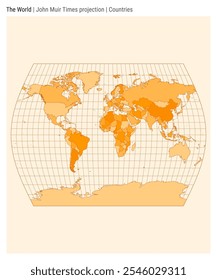 Mapa mundial. Proyección del John Muir Times. Estilo de los países. Mapa mundial de alto detalle para infografías, educación, informes, presentaciones. Ilustración vectorial.