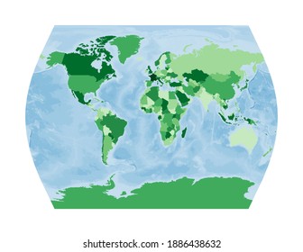 Mapa Mundial. Proyección del Times de John Muir. Mundo de colores verdes con océano azul. Ilustración vectorial.