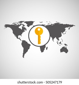 world map with key icon, vector illustration