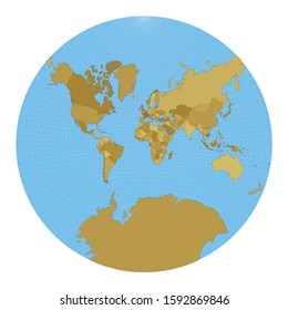 World map in Lagrange conformal projection. Vector illustration with meridians on a blue background.