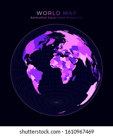 World Map. Lambert azimuthal equal-area projection. Digital world illustration. Bright pink neon colors on dark background. Authentic vector illustration.