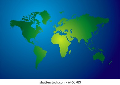 World map with the land in green and oceans in blue