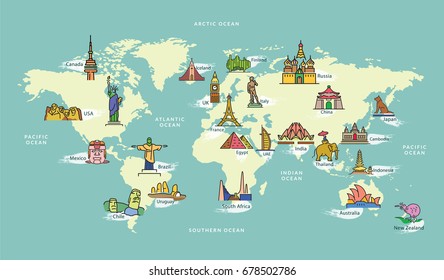 World Map with Landmark of Famous Country Symbol