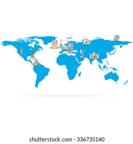 World map with landmarks on it. travel background