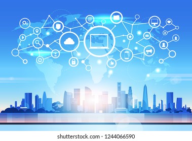 world map laptop icon database cloud security network futuristic interface data privacy connection concept skyline sunset cityscape background flat horizontal