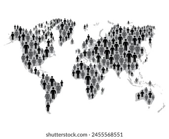 World Map. Large group of stickman figure people form.vector illustration silhouettes. stock  modern illustration. Abstract  vector design of political world map with human representation.