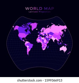 World Map. Larrivee projection. Digital world illustration. Bright pink neon colors on dark background. Radiant vector illustration.