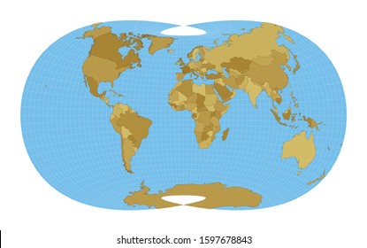 World Map. Laskowski tri-optimal projection. Map of the world with meridians on blue background. Vector illustration.