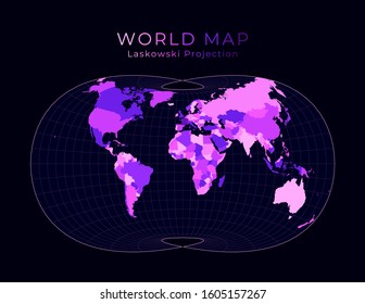 World Map. Laskowski tri-optimal projection. Digital world illustration. Bright pink neon colors on dark background. Stylish vector illustration.