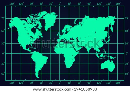 World Map - World Latitude and Longitude Map vector template with green outline and sketch style for education, web, banner, internet isolated on dark background - Vector illustration eps 10