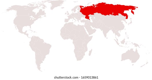 World Map in Light Grey Color with Russia Marked Red. Coronavirus Danger Concept. Vector Illustration