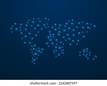 World Map With Lighting Dots. Abstract Polygonal Earth Map. Globalisation Low Poly Concept. Vector Illustration Isolated On Dark Blue Background.