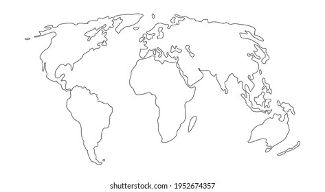 World map line art. Hand drawn continents.One line style world earth .Europe, America, Asia, Australia, Africa.Planet Earth simple graphic style,map contour.Vector isolated on white background.