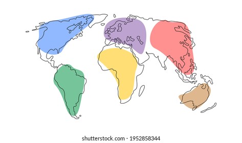 Mapa mundial de líneas de arte. Continentes dibujados a mano. Una línea estilo mundo tierra. Europa, América, Asia, Australia, África. Planeta Tierra simple estilo gráfico, contorno de mapa.Vector aislado en fondo blanco.