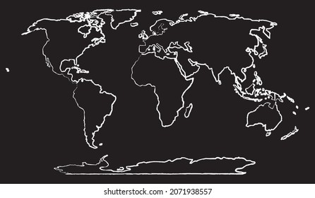 World map line Icon design, white chalk. Draw a picture on the blackboard.