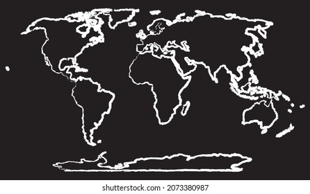 World map line Icon design, white chalk. Draw a picture on the blackboard.