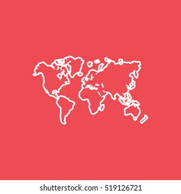 World Map Line Icon On Red Background