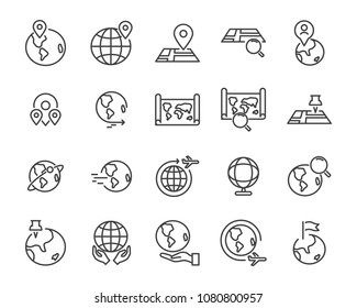  world map line icon set, global communication vector line icons, location plan to travel icon