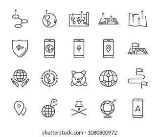  world map line icon set, global communication vector line icons, location plan to travel icon