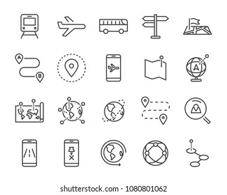  world map line icon set, global communication vector line icons, location plan to travel icon