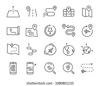  world map line icon set, global communication vector line icons, location plan to travel icon