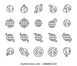  world map line icon set, global communication vector line icons, location plan to travel icon