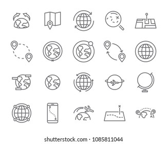  world map line icon set, global communication vector line icons, location plan to travel icon