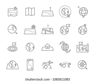  world map line icon set, global communication vector line icons, location plan to travel icon