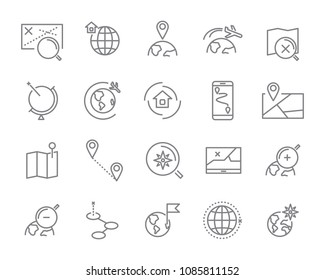  world map line icon set, global communication vector line icons, location plan to travel icon