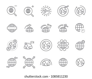  world map line icon set, global communication vector line icons, location plan to travel icon