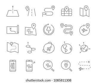  world map line icon set, global communication vector line icons, location plan to travel icon