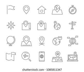  world map line icon set, global communication vector line icons, location plan to travel icon