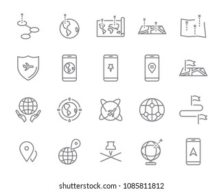  world map line icon set, global communication vector line icons, location plan to travel icon