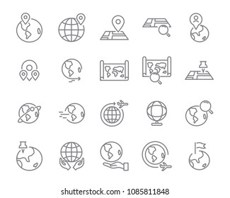  world map line icon set, global communication vector line icons, location plan to travel icon