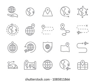  world map line icon set, global communication vector line icons, location plan to travel icon