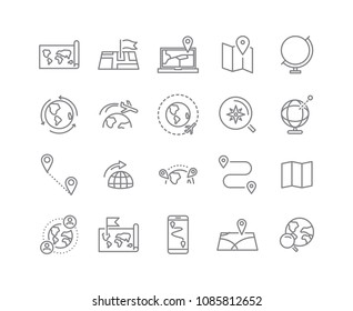  world map line icon set, global communication vector line icons, location plan to travel icon