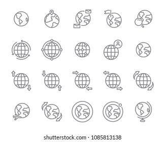 world map line icon set, global communication vector line icons, location plan to travel icon