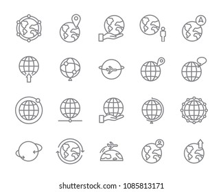 world map line icon set, global communication vector line icons, location plan to travel icon