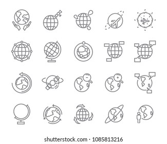 world map line icon set, global communication vector line icons, location plan to travel icon