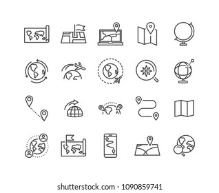 world map line icon set, global communication vector line icons, location plan to travel icon