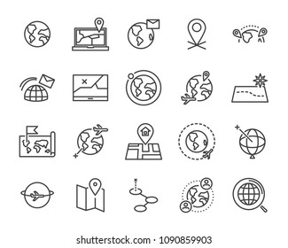 World Map Line Icon Set, Global Communication Vector Line Icons, Location Plan To Travel Icon