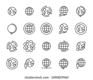 world map line icon set, global communication vector line icons, location plan to travel icon