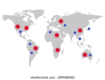 World map with location coronavirus, grey template. Epidemic virus on earth, globe, worldmap. Vector