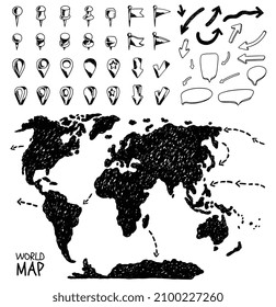 World map and location designation markers set, hand drawn doodle vector illustration on white background. Push pins, arrows, flags and speech bubbles in monochrome sketch style.